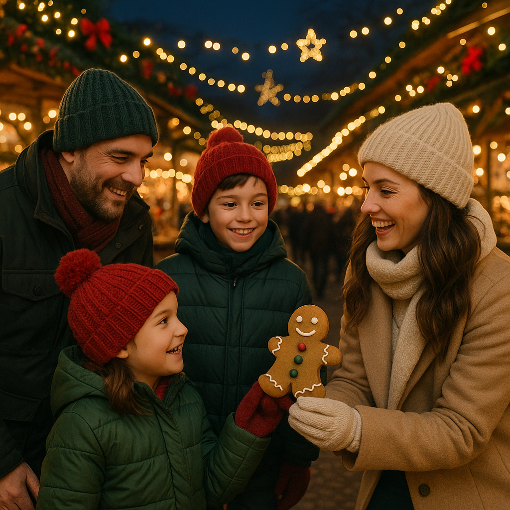Porodica u zimskim kaputima na božićnoj pijaci u UK pod svetlima