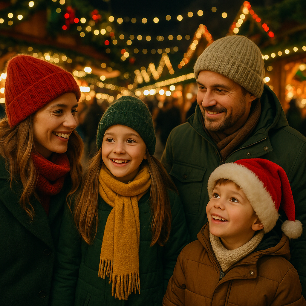 Porodica uživa na božićnom marketu u UK među svetlima i dekoracijama