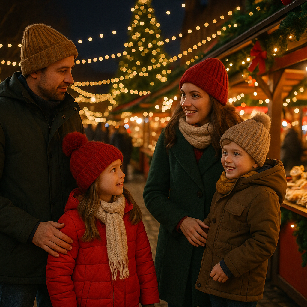 Srpska porodica uživa na božićnom vašaru u Ujedinjenom Kraljevstvu, večernje svetlosti i praznični ugođaj