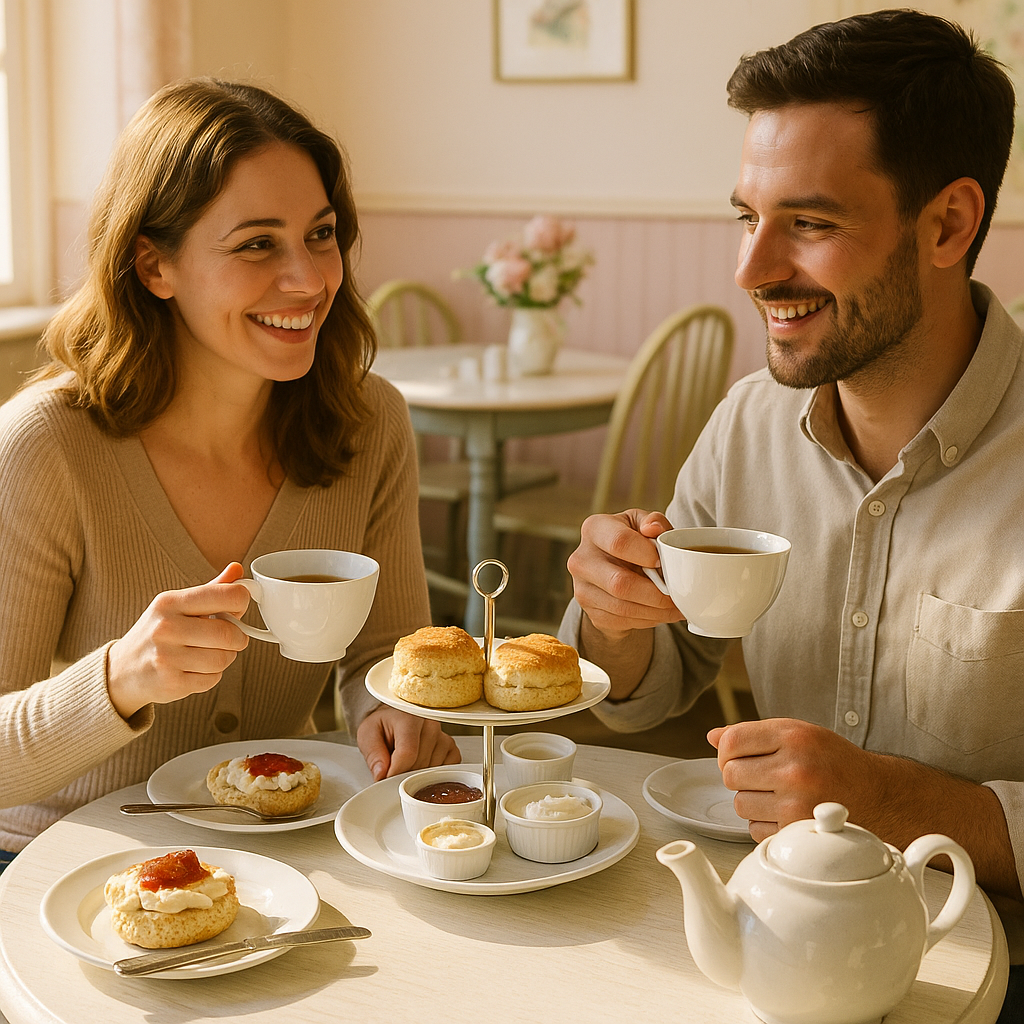Srpski par uživa u tradicionalnom cream tea u svetloj čajdžinici u Devonu