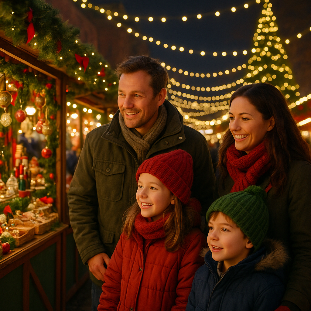 Serbische Familie besucht abends festlich beleuchteten Weihnachtsmarkt im Vereinigten Königreich