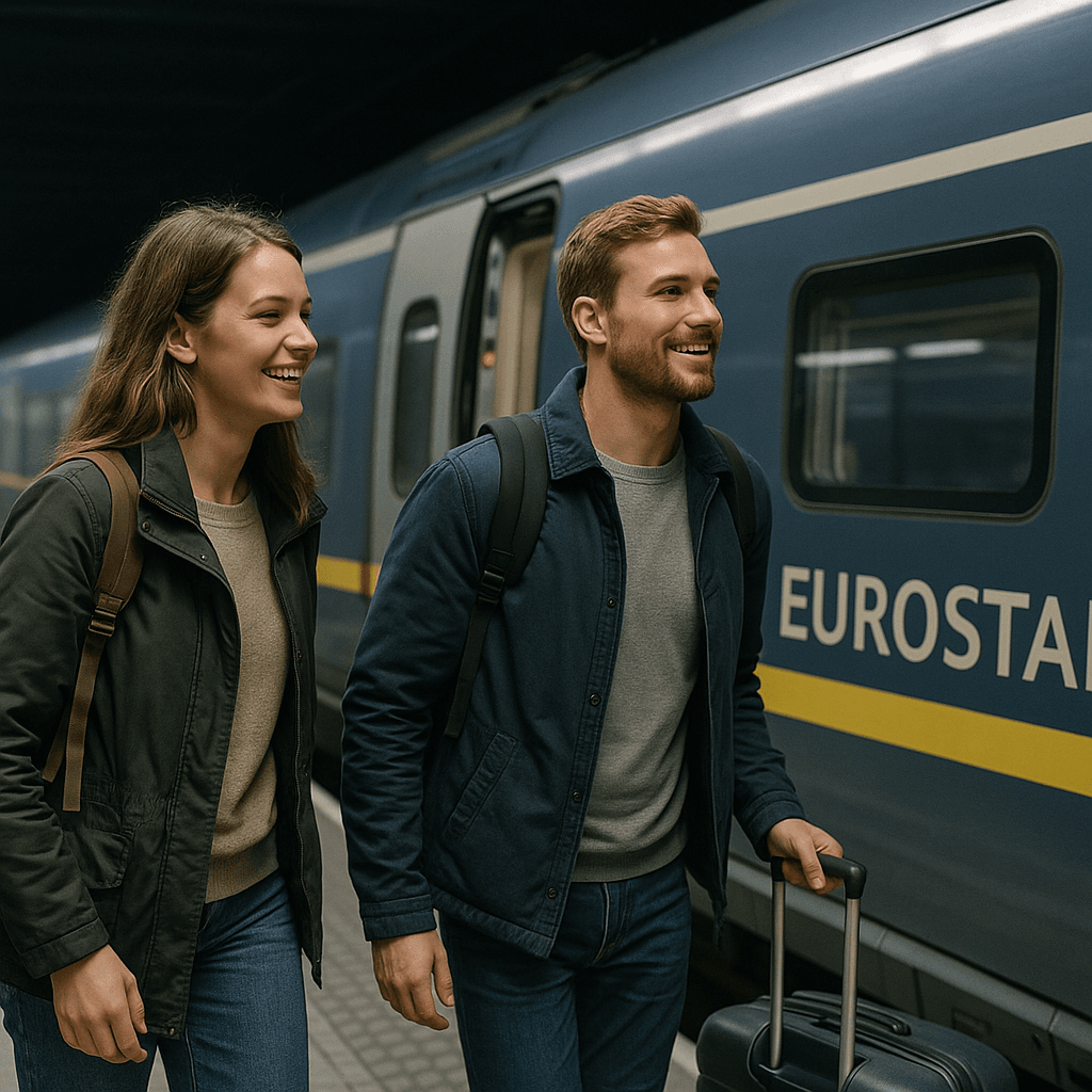Deutsches Paar steigt auf einem Bahnsteig in den Eurostar-Zug nach London
