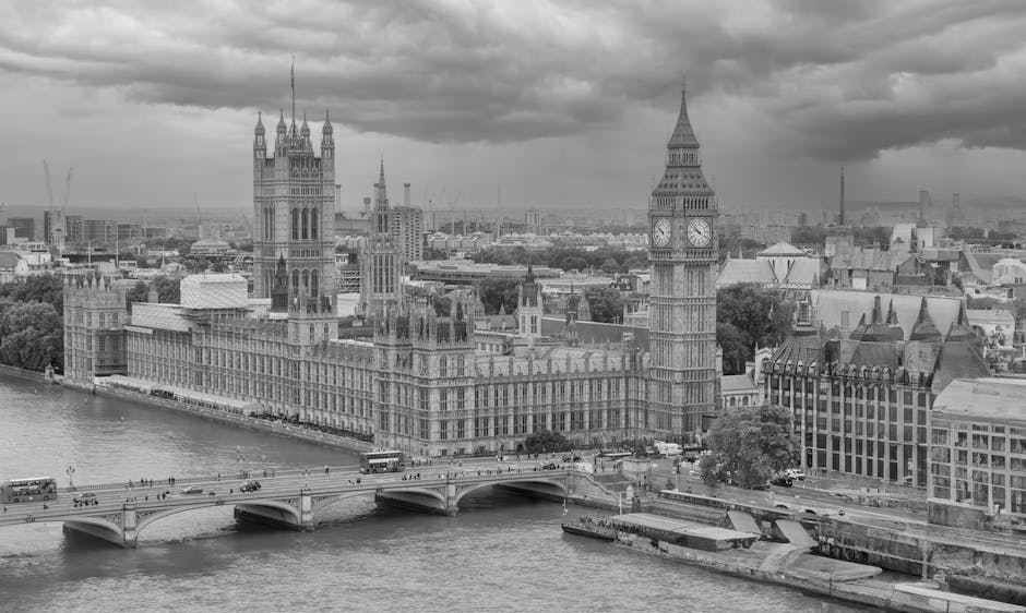 Aerial view Big Ben Houses of Parliament Thames